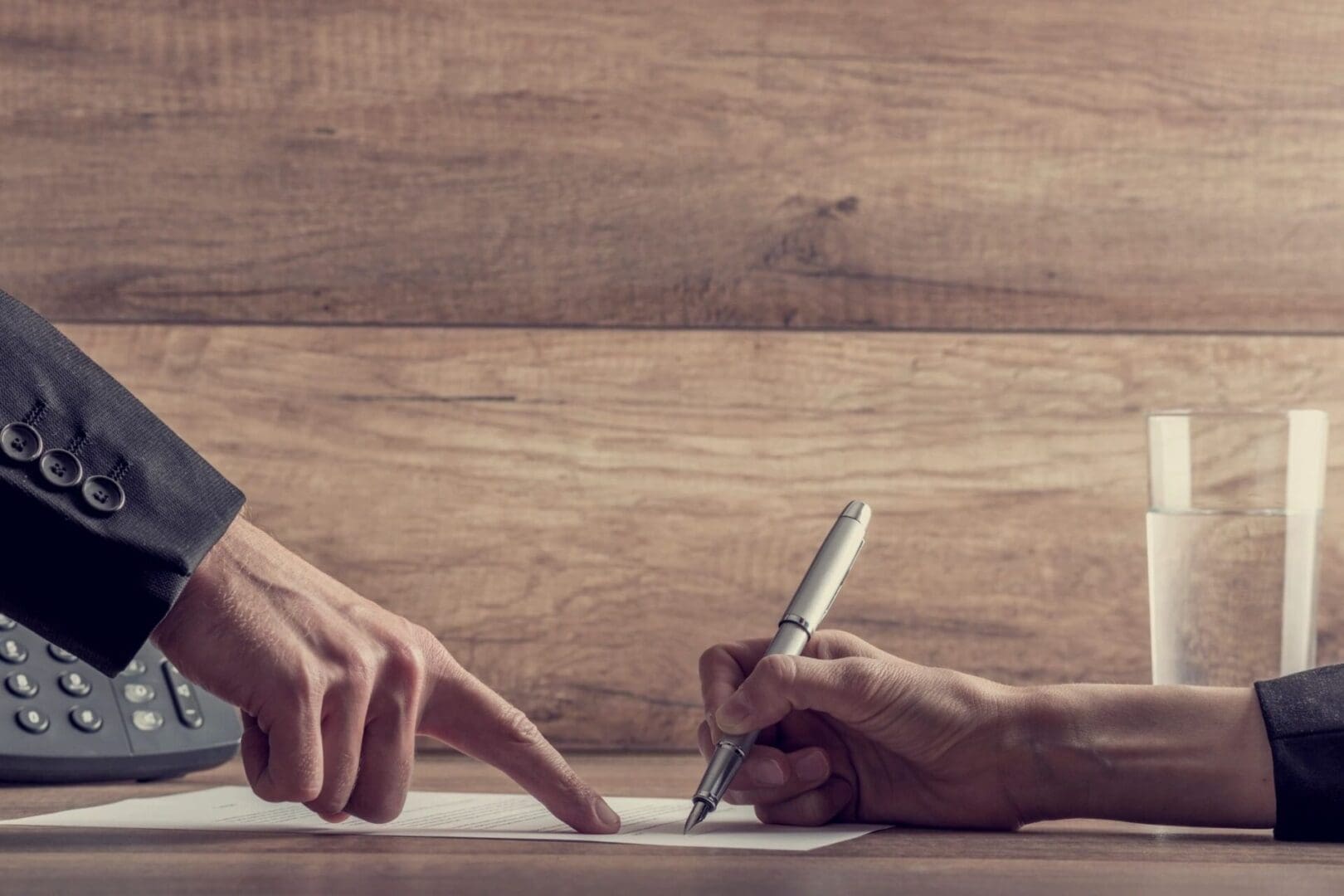 Two people writing on a piece of paper.